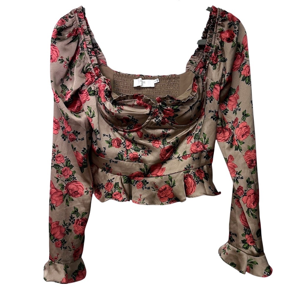 ASTR The Label Taupe Pink Floral Satin Bustier Crop Top Small Smocked Back